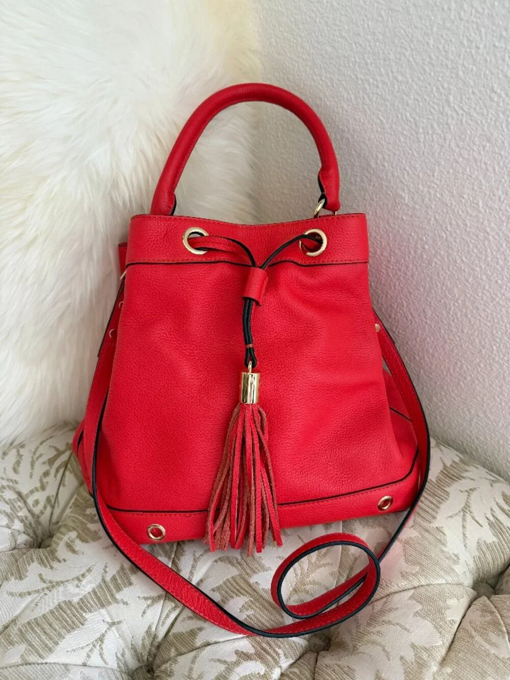 Milly Astor Vermilion Red Leather Drawstring Bucket Bag Tassel Crossbody
